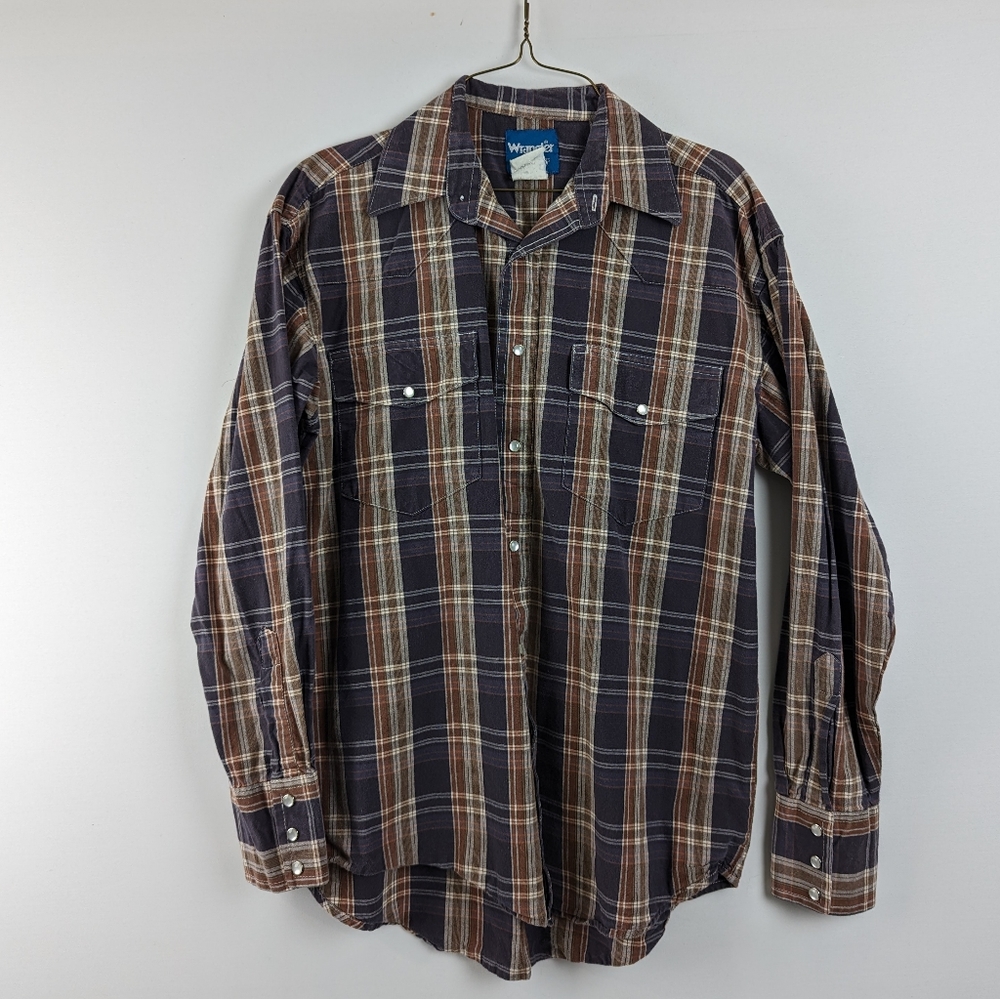 Vintage Wrangler Pearl Snap Western Plaid Shirt - Blue Brown - Medium